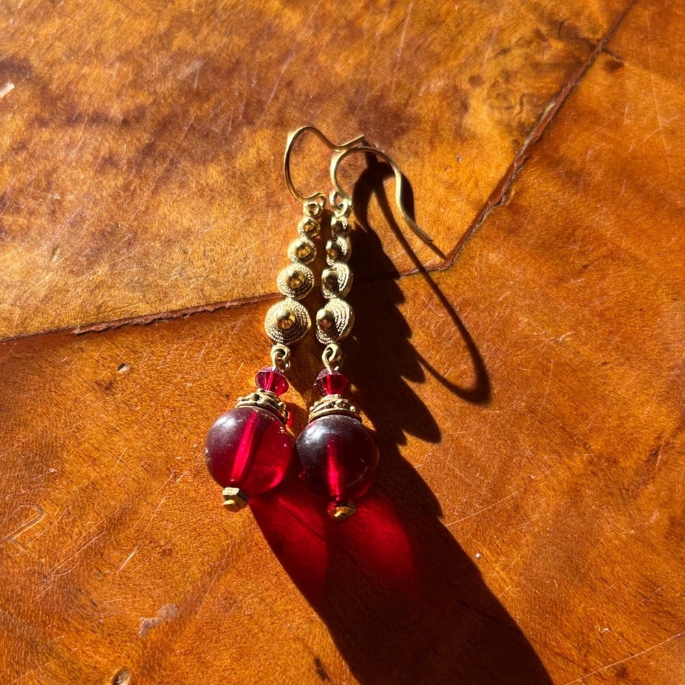 Elegant Gold and Red Dangle Earrings